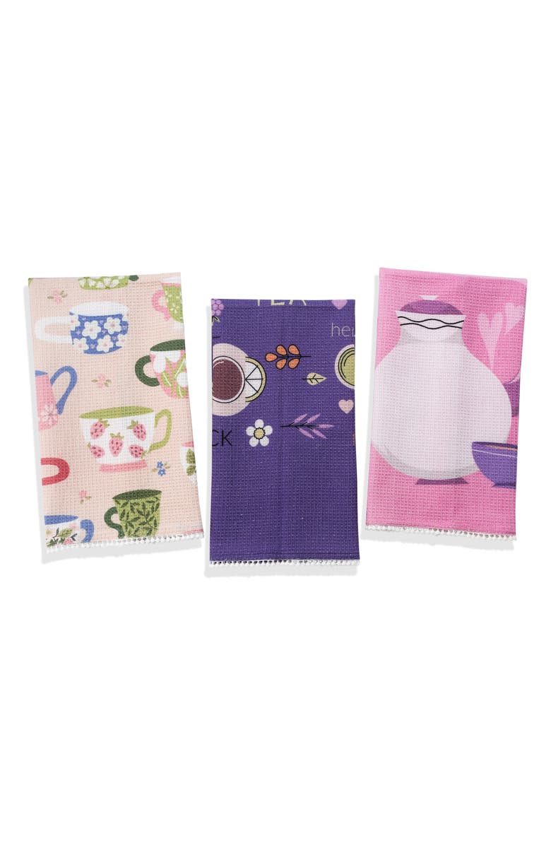 Tiramisu Time For Tea Set of 3 Kitchen Towels, Main, color, Purple/ Pink/ Green