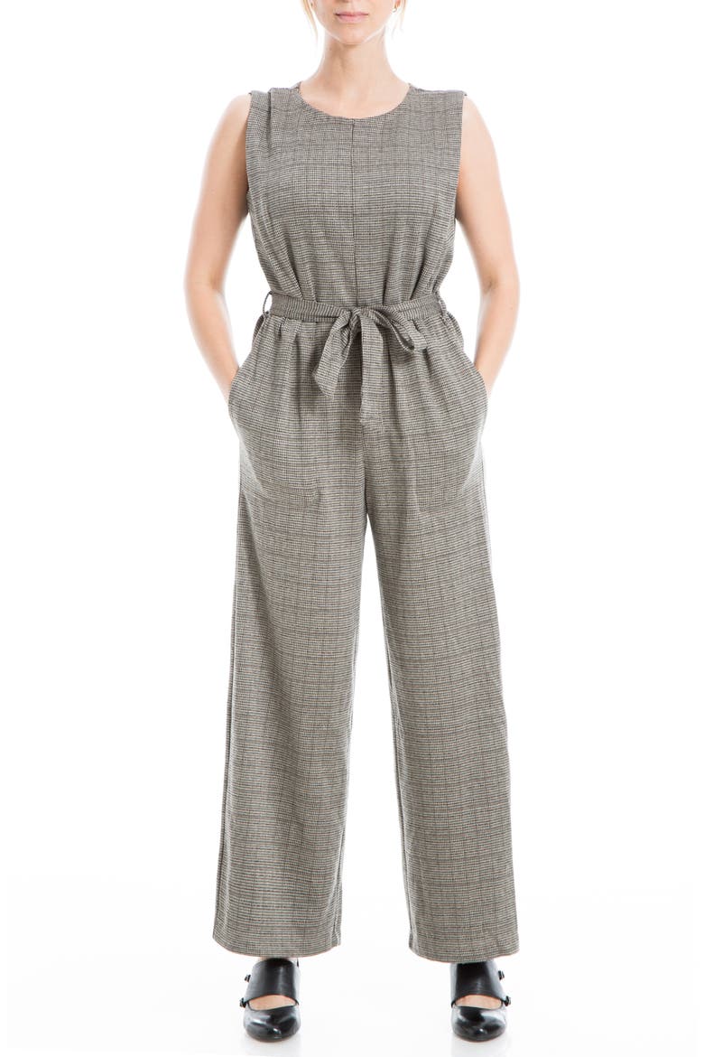 Sleeveless Tie Front Jumpsuit, Main, color, TAUPE/ BLACK/ RUST HOUNDSTOOTH
