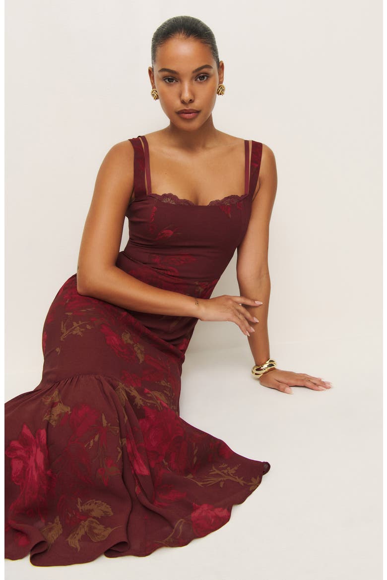 Irisa Floral Trumpet Dress, Alternate, color, BARCELONA BORDER
