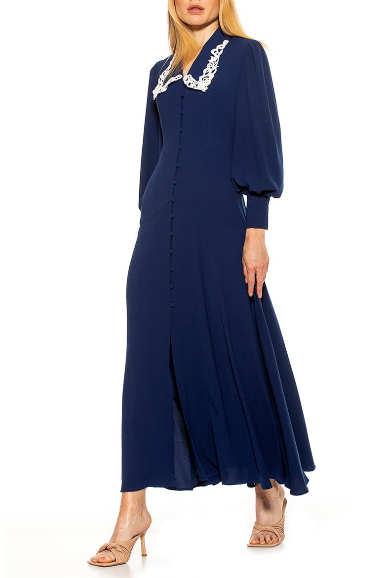 Lace Trim Collar Long Blouson Sleeve Maxi Dress, Alternate, color, NAVY/ IVORY
