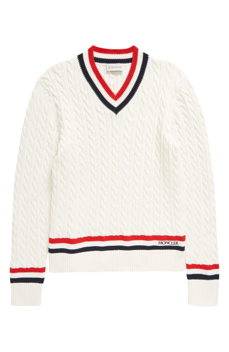 Moncler Kids' Tricolor Trim Cable Cotton Sweater, Main, color, 