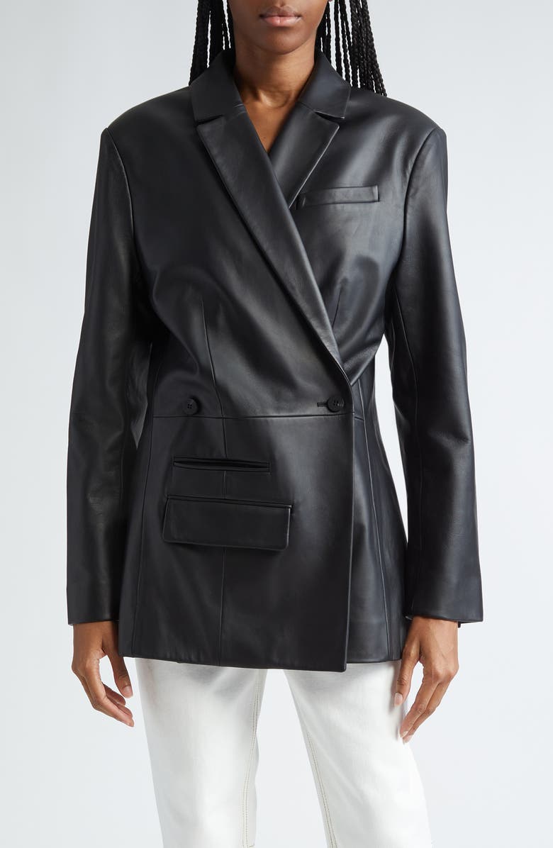 Jacquemus La Veste Tibau Asymmetric Leather Blazer, Main, color, Black