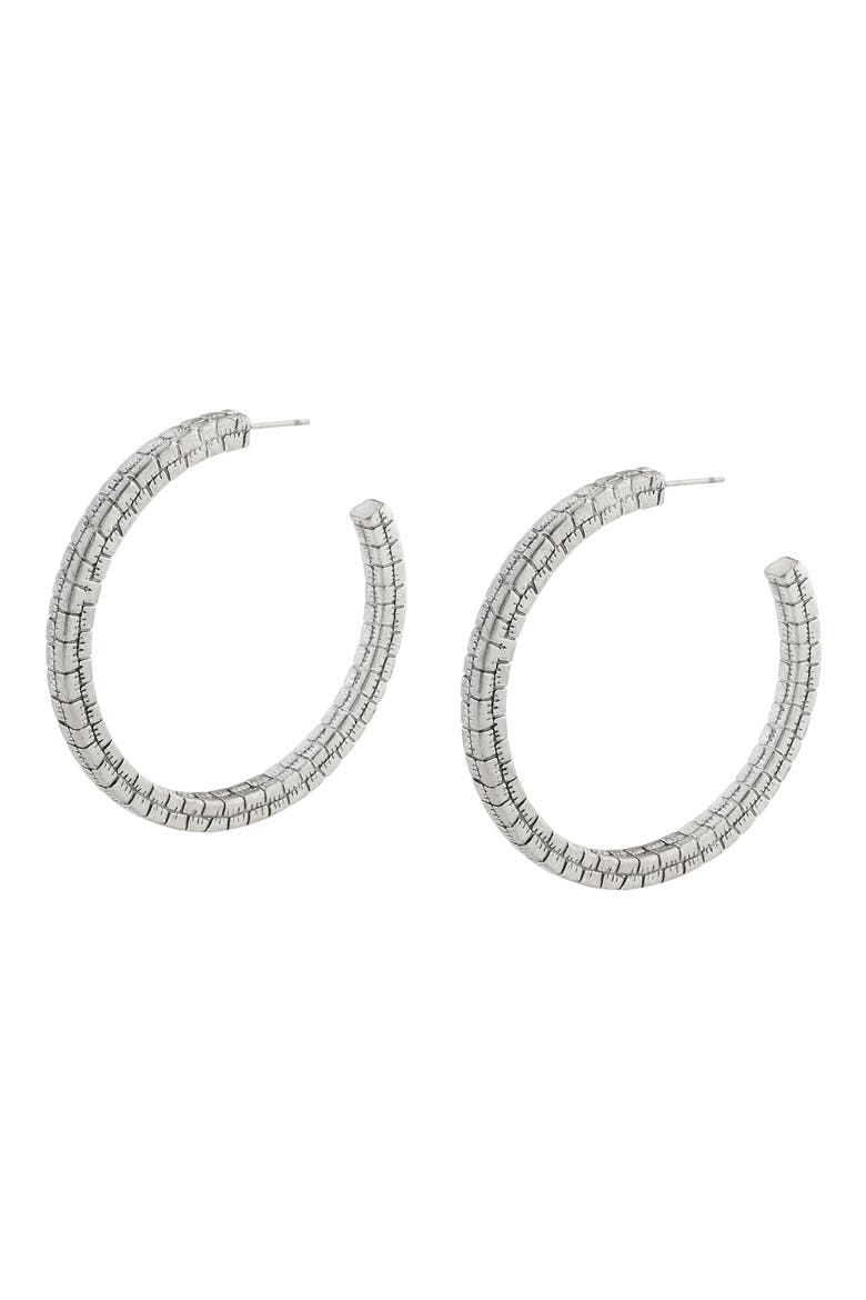 Croc Textured Large Hoop Earrings, Alternate, color, WARM SILVER