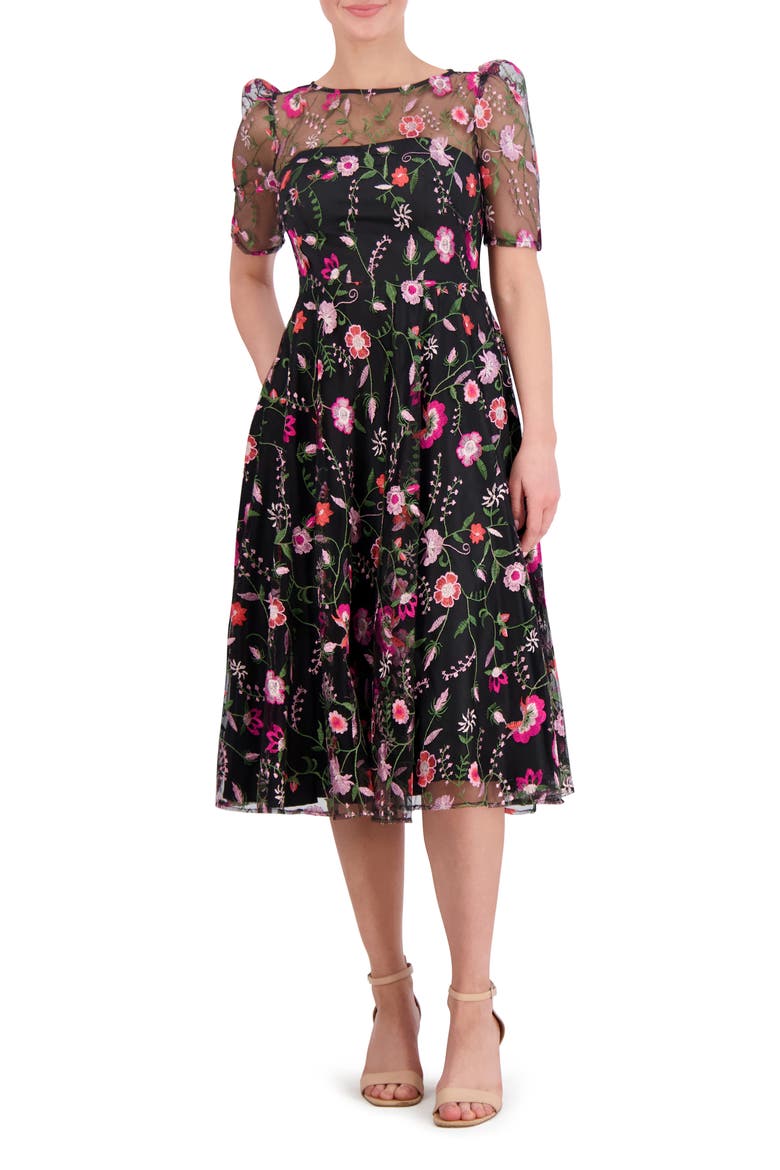 Embroidered Illusion Neck Cocktail Midi Dress, Main, color, BLACK MAGENTA