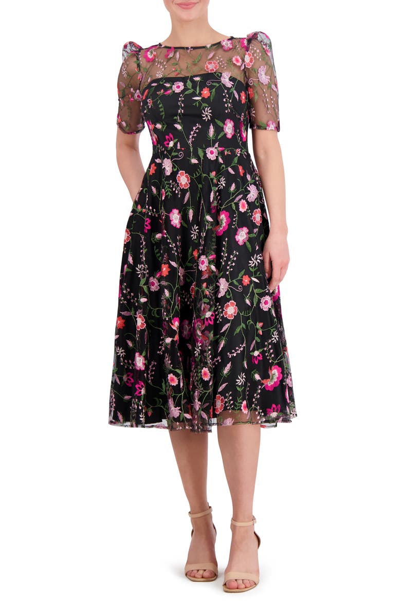 Eliza J Embroidered Illusion Neck Cocktail Midi Dress, Main, color, Black Magenta