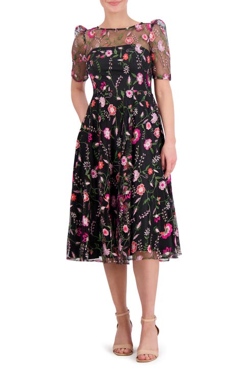 Embroidered Illusion Neck Cocktail Midi Dress