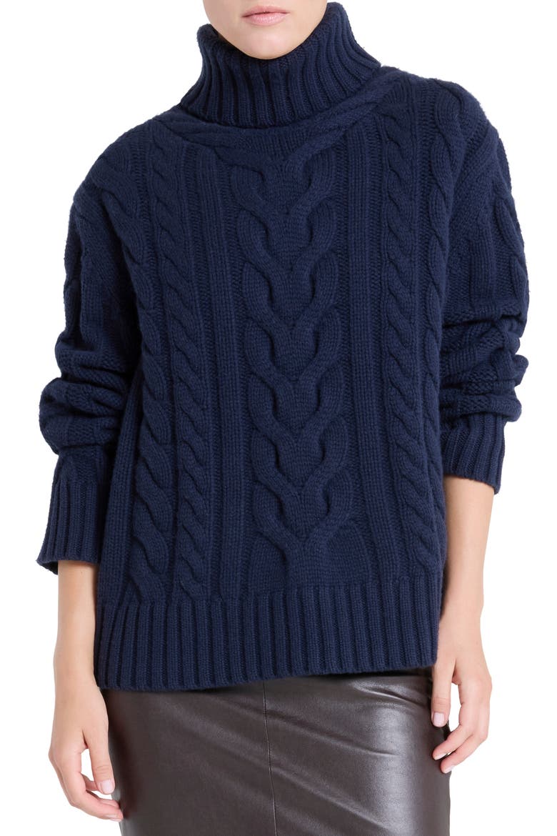 Traveling Cable Stitch Cashmere Turtleneck Sweater, Main, color, MIDNIGHT