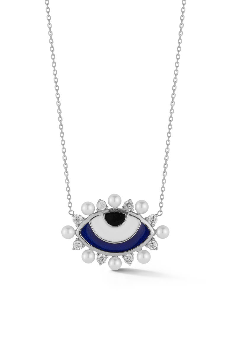 Cubic Zirconia & 2–3mm Cultured Pearl Evil Eye Pendant Necklace, Main, color, SILVER