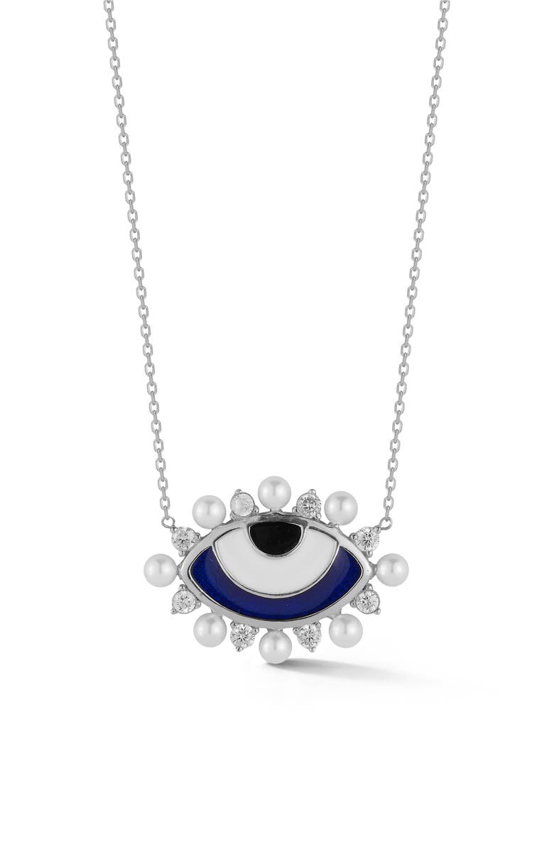 SPHERA MILANO Cubic Zirconia & 2–3mm Cultured Pearl Evil Eye Pendant Necklace, Main, color, Silver