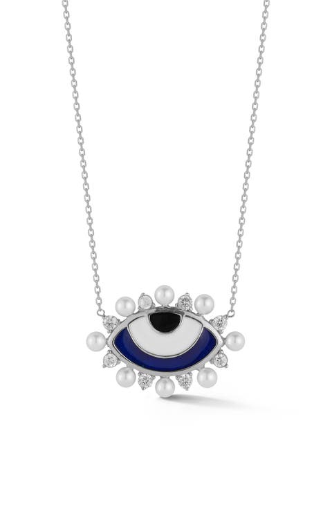 Cubic Zirconia & 2–3mm Cultured Pearl Evil Eye Pendant Necklace