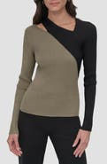 DKNY Colorblock Shoulder Cutout Long Sleeve Sweater