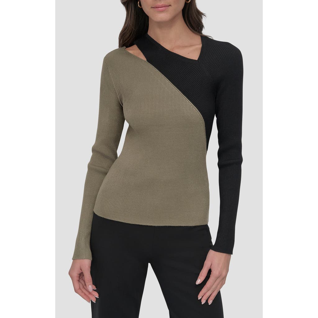 Dkny Colorblock Shoulder Cutout Long Sleeve Sweater In Utility Green/black