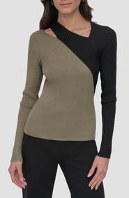 DKNY Colorblock Shoulder Cutout Long Sleeve Sweater