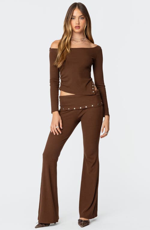 Shop Edikted Aries Foldover Studded Waist Flare Leggings In Brown