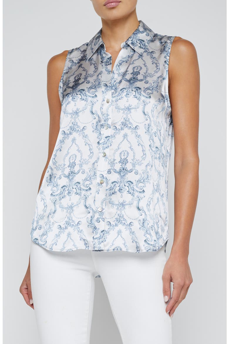 Emmy Sleeveless Silk Shirt, Main, color, WHITE BLUE SCROLL TOILE