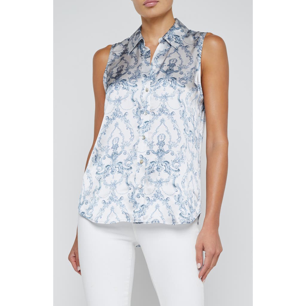 L Agence Emmy Sleeveless Silk Blouse In Vintage White Blue Scroll Canvas