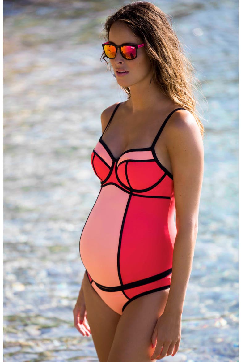 Rosy Two-Piece Colorblock Maternity Tankini Swimsuit, Alternate, color, PASSION