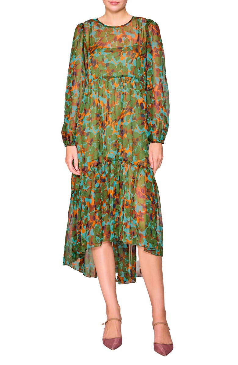 MELLODAY Tiered High-Low Long Sleeve Dress, Main, color, Green Multi