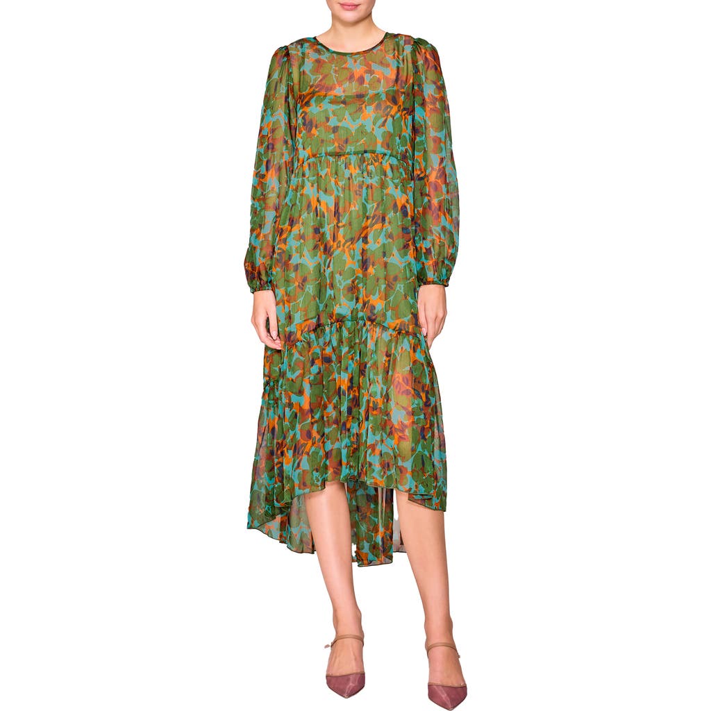 Melloday Tiered High-low Long Sleeve Dress In Multi