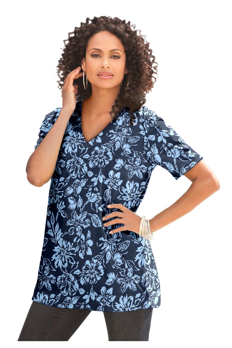 Plus Size Cotton Ultimate V-Neck Tee, Main, color, NAVY BLUE FLORAL