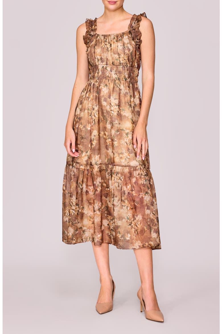 Floral Ruffle Tiered Midi Dress, Main, color, BEIGE FLORAL