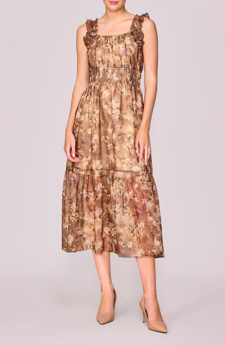 MELLODAY Floral Ruffle Tiered Midi Dress, Main, color, Beige Floral