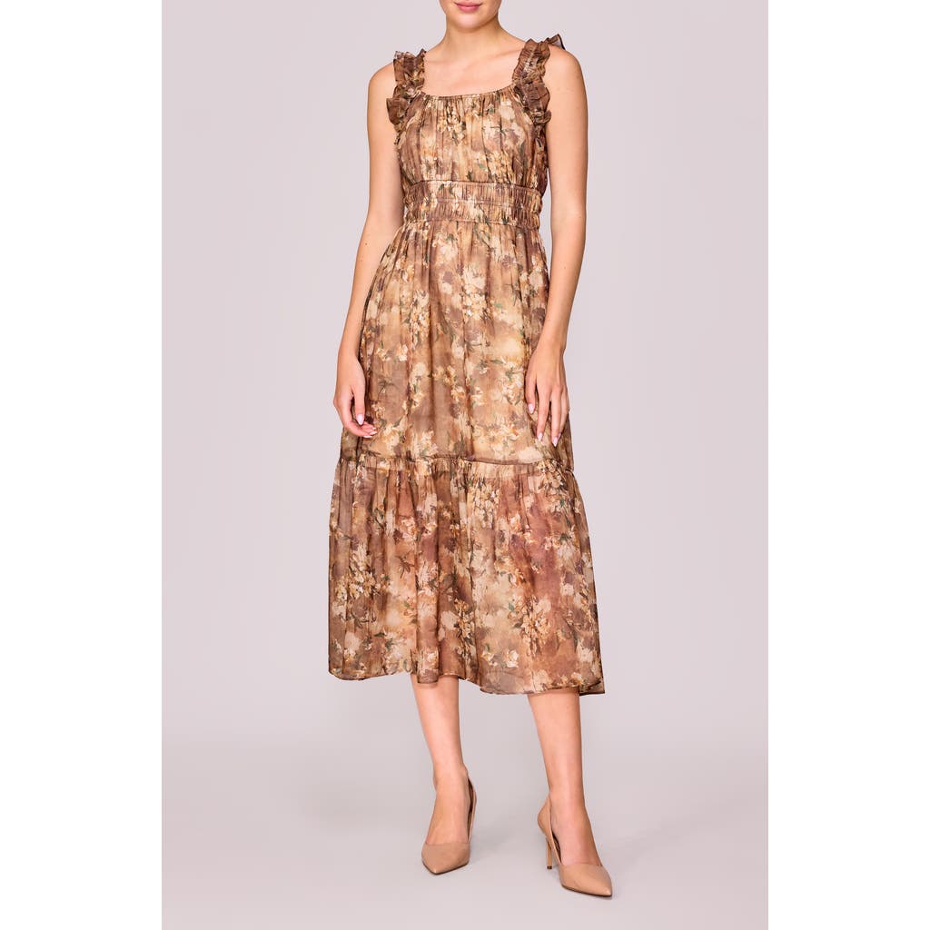 Melloday Floral Ruffle Tiered Midi Dress In Brown