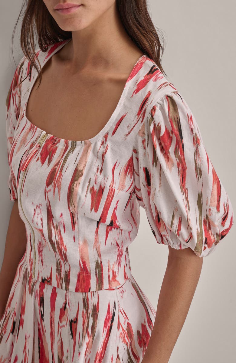 DKNY Print Zip Front Puff Sleeve Linen Blend Top, Alternate, color,