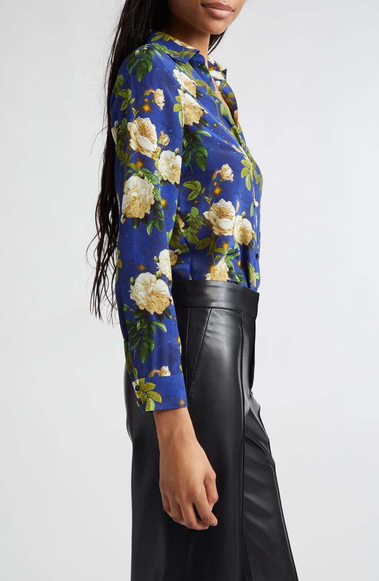 Alice + Olivia Eloise Floral Silk Button-Up Shirt, Alternate, color, Twilight Eden