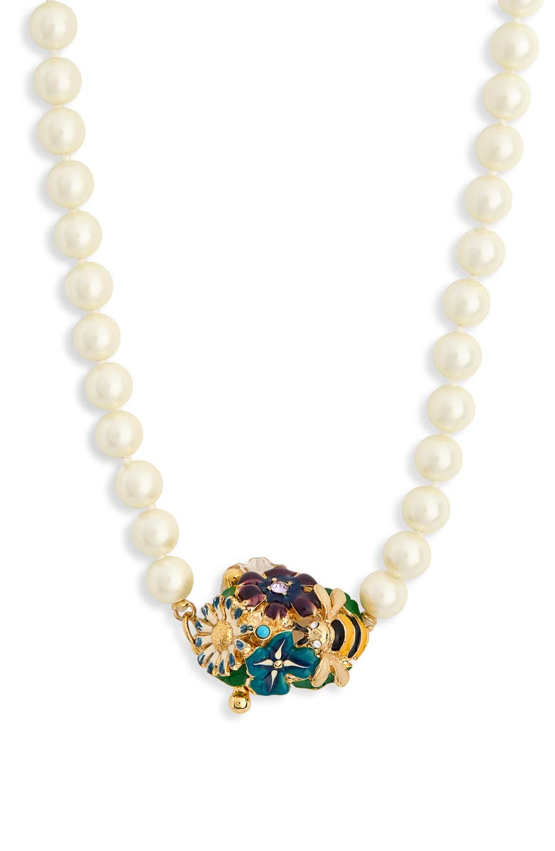 Kenneth Jay Lane Enamel Flower Pendant Faux Pearl Necklace, Main, color, Pearl/ Multi