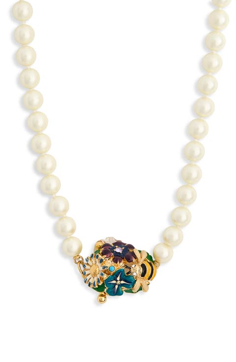 Enamel Flower Pendant Faux Pearl Necklace