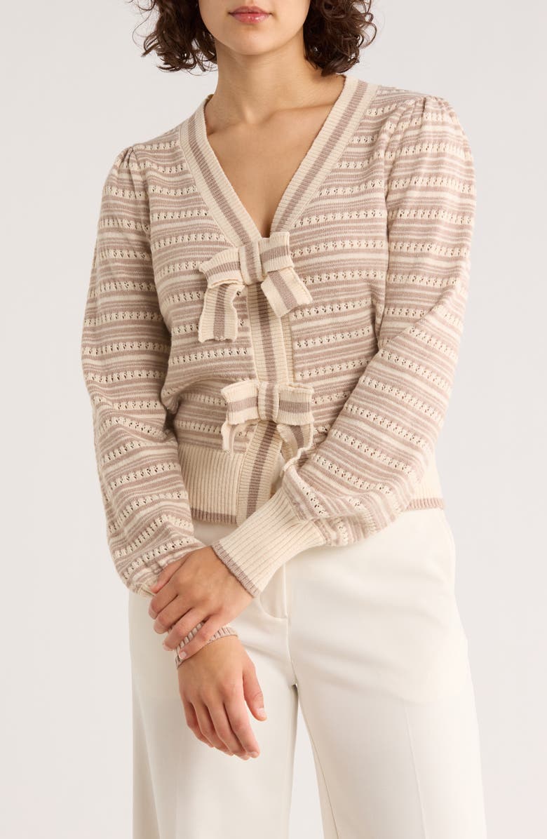 BY DESIGN Lollipop Bow Cardigan Sweater, Main, color, Antique White/ Tapioca Stripe