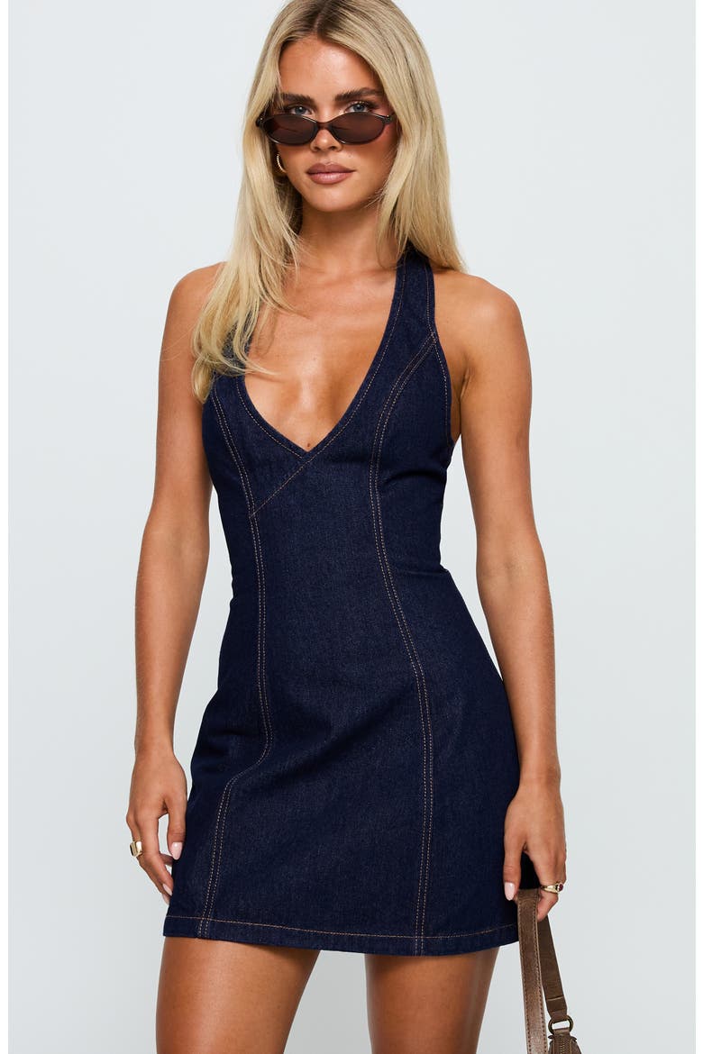 Say Goodnight Denim Halter Minidress, Alternate, color, MID WASH