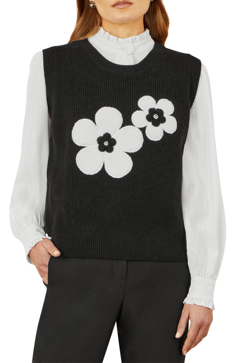 Yumi Knitted Floral Sleeveless Sweater Vest, Alternate, color, Black