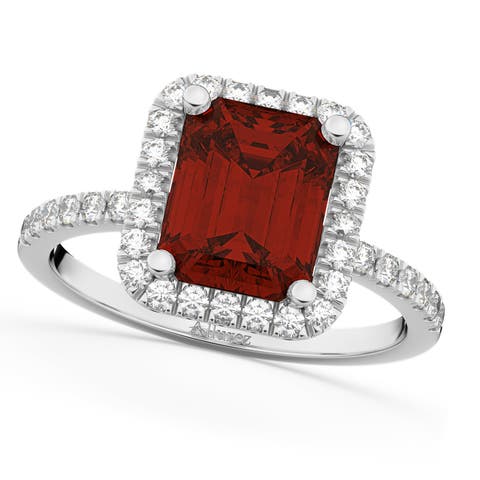 Emerald-Cut Lab Garnet & Diamond Engagement Ring 14k