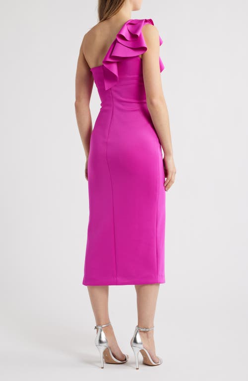 Black Halo Maris Ruffle One-shoulder Midi Dress In Vibrant Pink