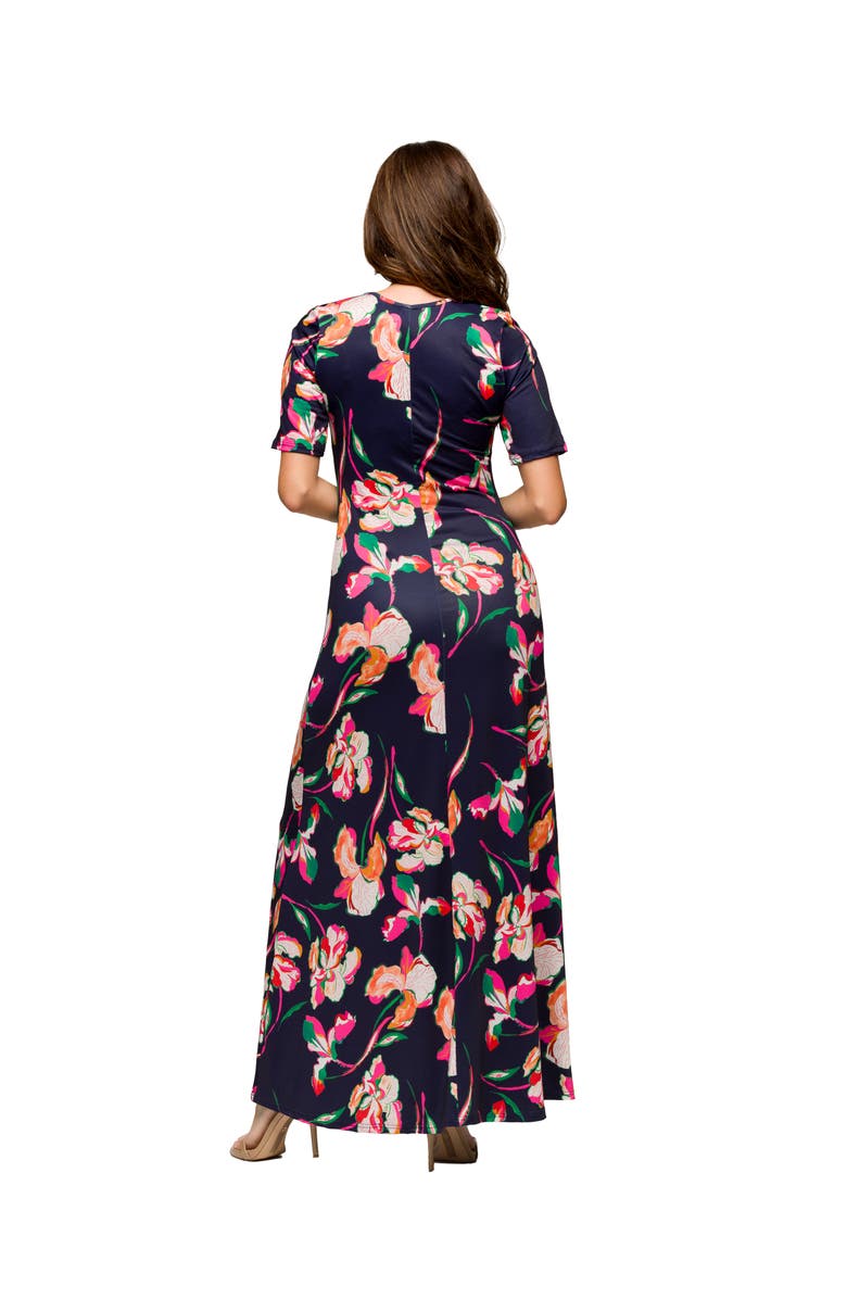 24seven Comfort Apparel Maternity Navy Floral Print Elbow Sleeve Casual A-Line Maxi Dress, Alternate, color, Blue Multi