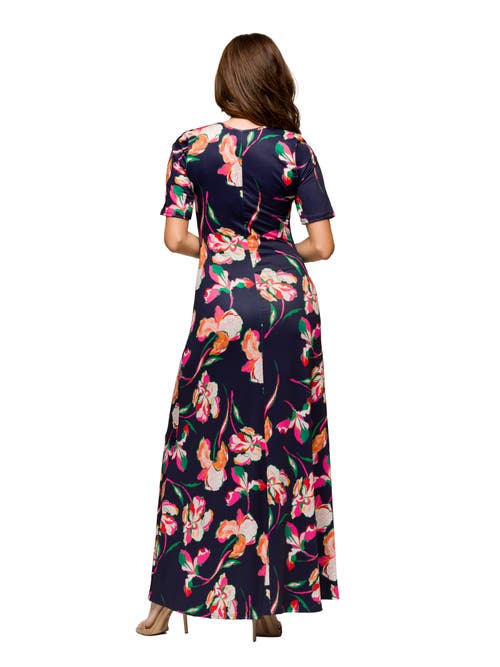 24seven Comfort Apparel Maternity Navy Floral Print Elbow Sleeve Casual A-line Maxi Dress In Black