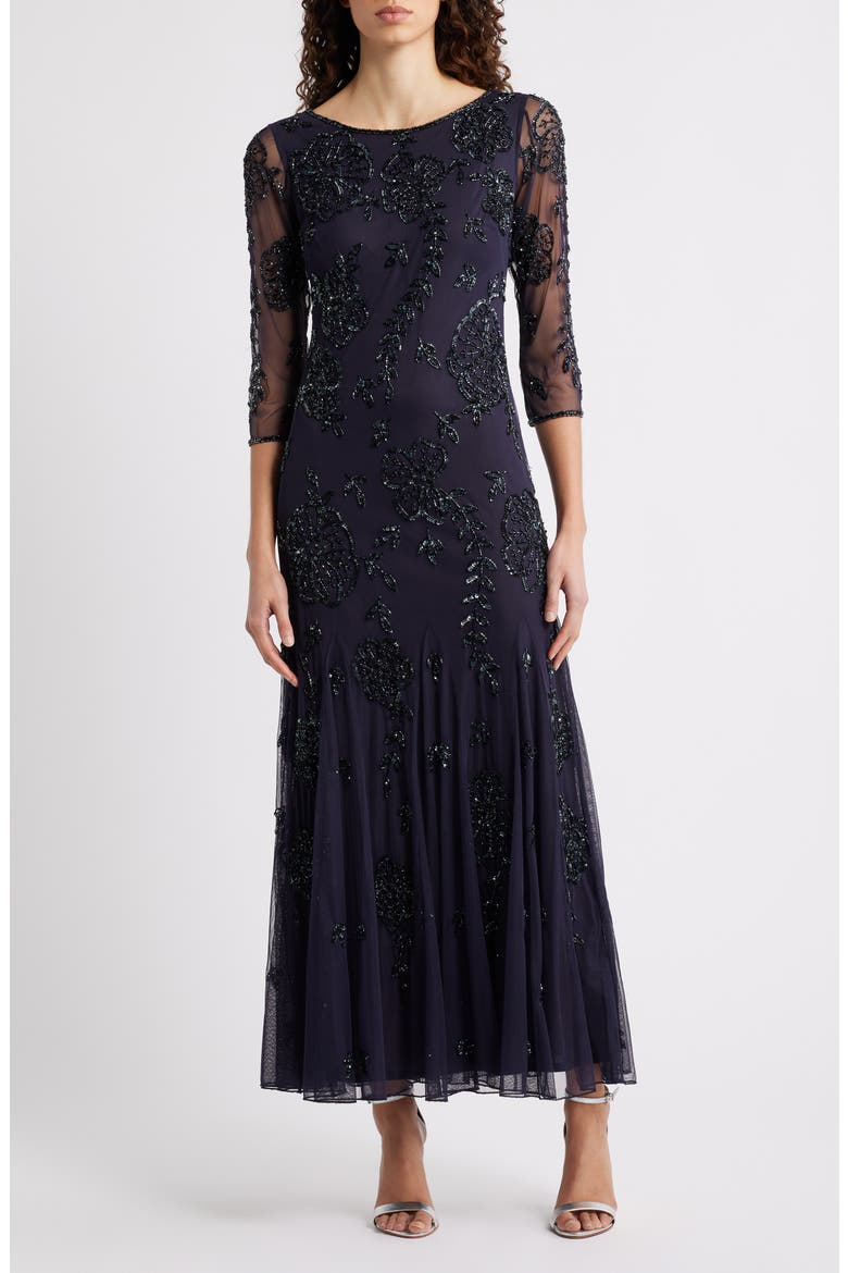 Beaded Floral Mesh Gown, Main, color, SLATE 421