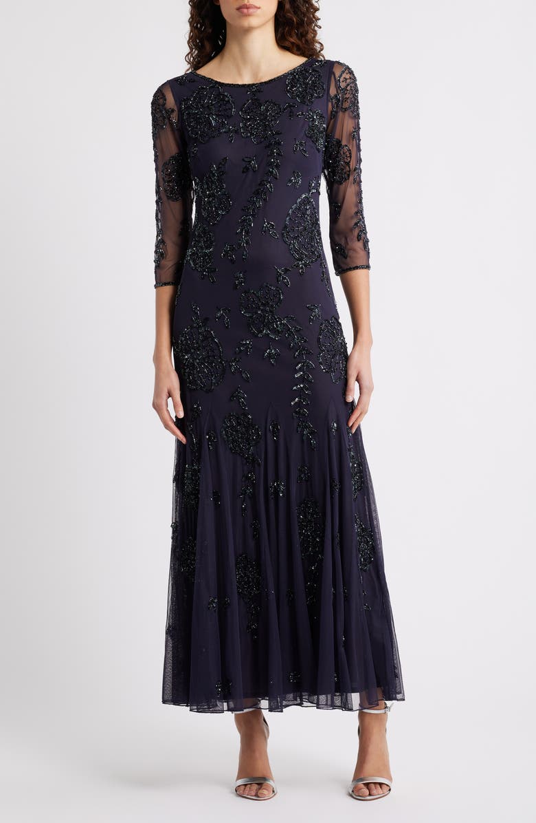Pisarro Nights Beaded Floral Mesh Gown, Main, color, Slate 421