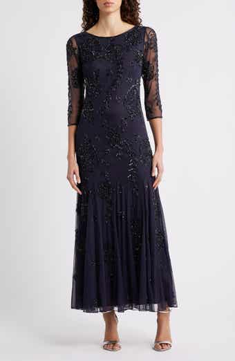Beaded Floral Mesh Gown