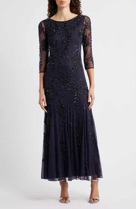 Beaded Floral Mesh Gown