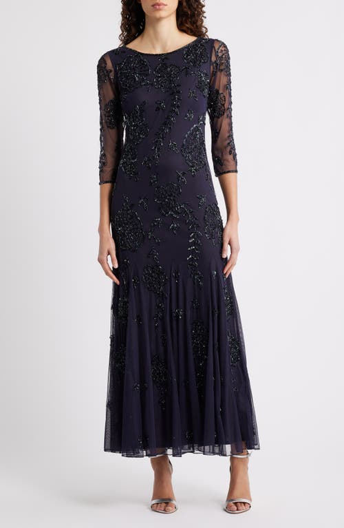 Pisarro Nights Beaded Floral Mesh Gown In Gray