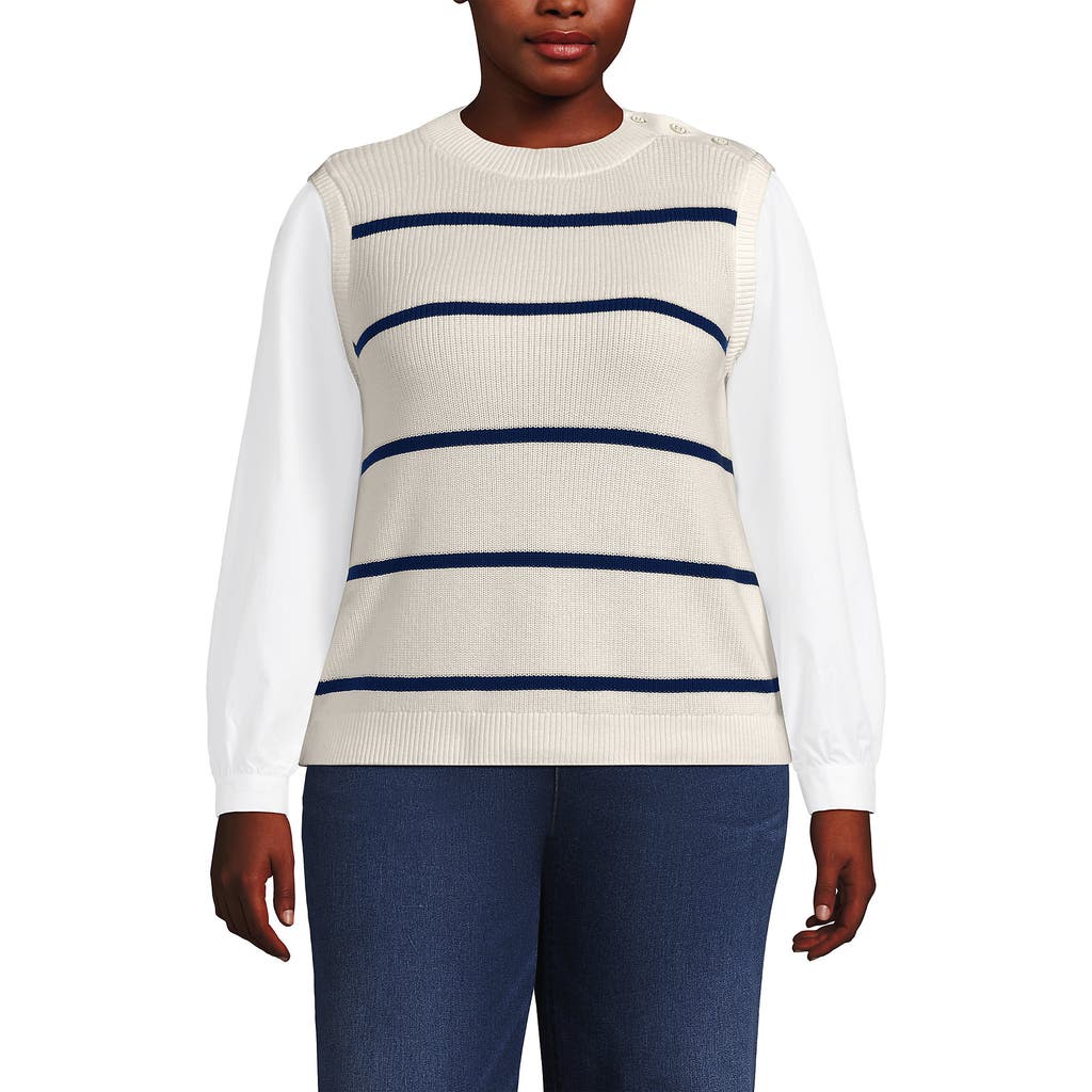 Lands' End Plus Size Drifter Shaker Button Shoulder Sweater Vest With Poplin Sleeves In Fresh Ivory/navy Stripe