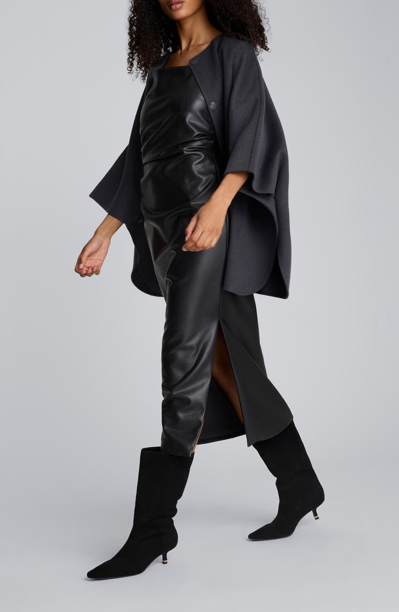 Kenneth Cole Side Pleat Faux Leather Midi Dress, Alternate, color, Black