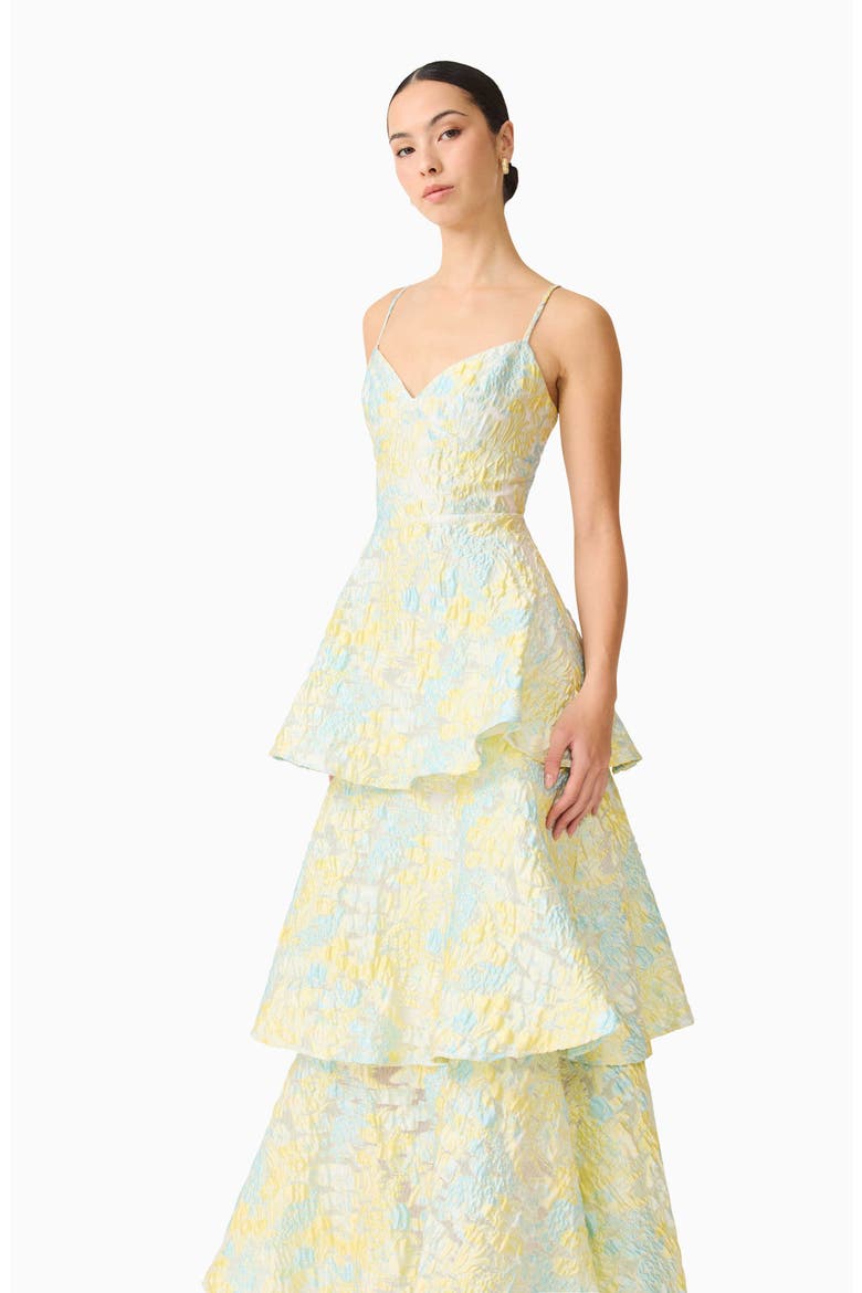 Penelope Tiered Sleeveless Jacquard Gown, Alternate, color, YELLOW BLUE