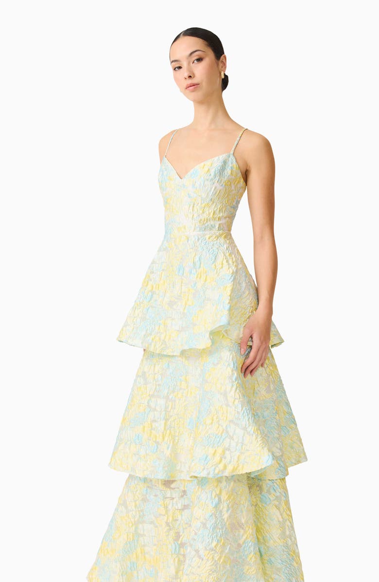 Elliatt Penelope Tiered Sleeveless Jacquard Gown, Alternate, color, Yellow Blue