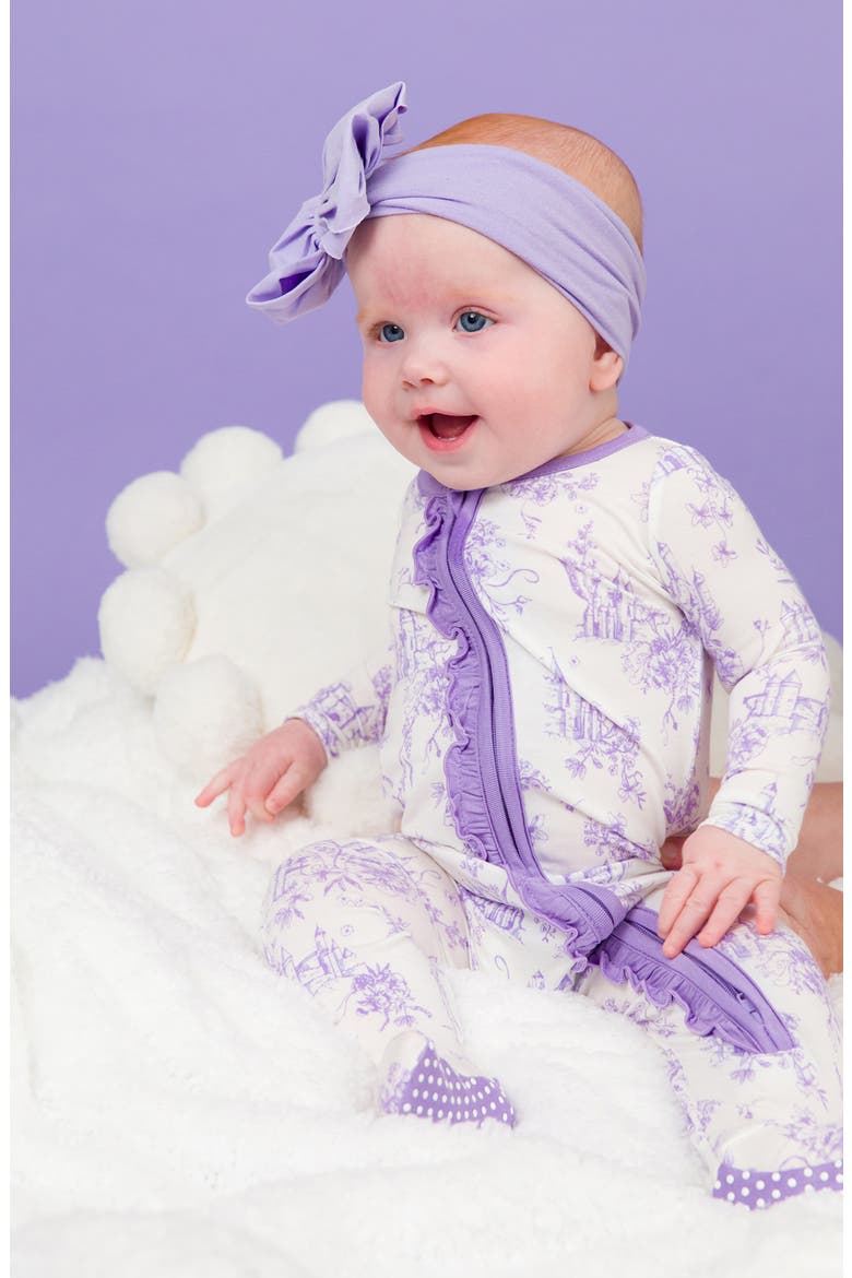 Castle Toile Ruffle Convertible Zip Footie, Alternate, color, WHITE/PURPLE