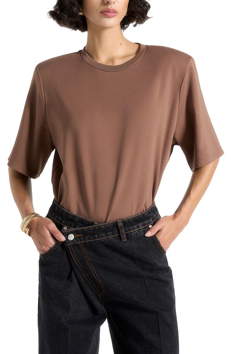 Manière De Voir Mia Wide Shoulder Bodysuit T-Shirt, Alternate, color, Brown