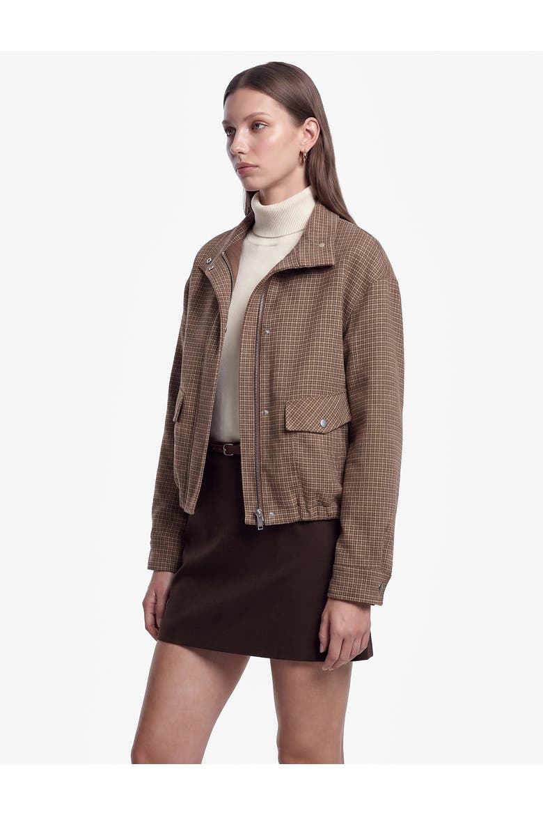 Funnel Long Sleeve Plaid Bomber Jacket with Pocket Detail, Alternate, color, BROWN CHECK